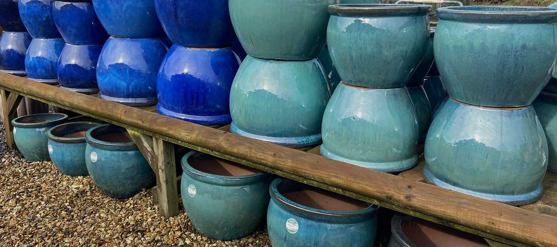 Glazed earthenware garden pots of all sizes are available at Ash Moor Nursery